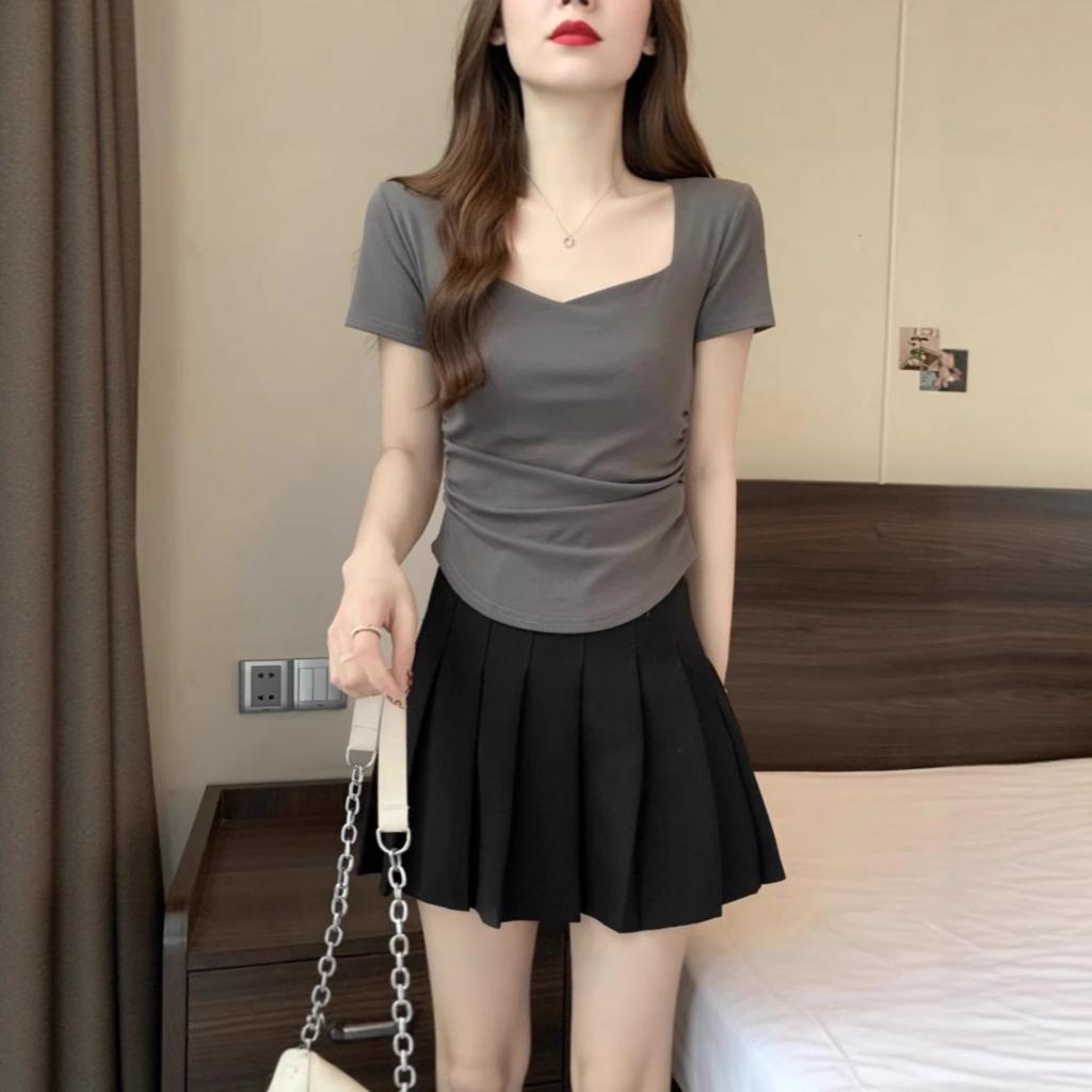Women's Square Neck Short Sleeve T Shirt Solid Slim Fit Tee Summer Casual Streetwear Top