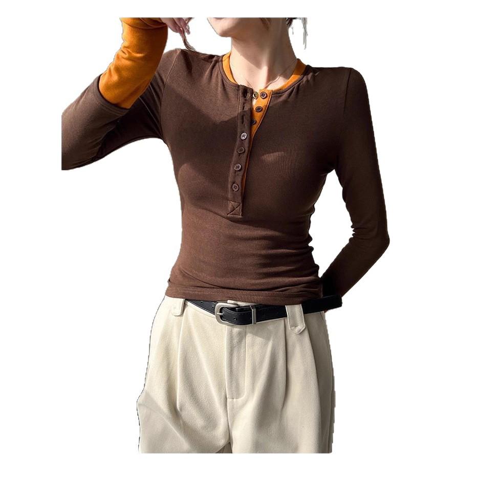 American Color Block Fashion Faux Two-Piece Long Sleeve Slimming Autumn Top