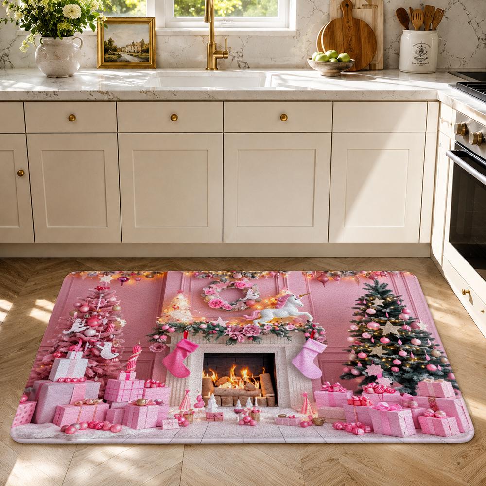 Christmas Fireplace Interior Scene Floor Mat Flannel Rug Soft Non Slip Washable Door Mat For Bathroom Bedroom Kitchen Home Decor