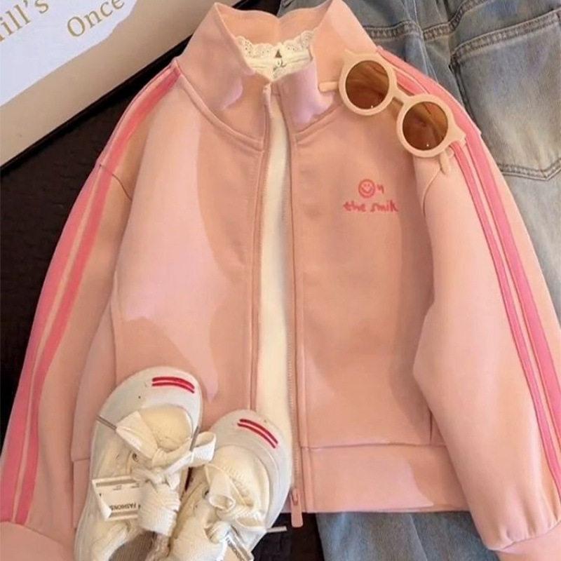 Girls Stand Collar Baseball Jacket Spring Autumn Long Sleeve Cardigan Sweatshirt Casual Top for Big Kids