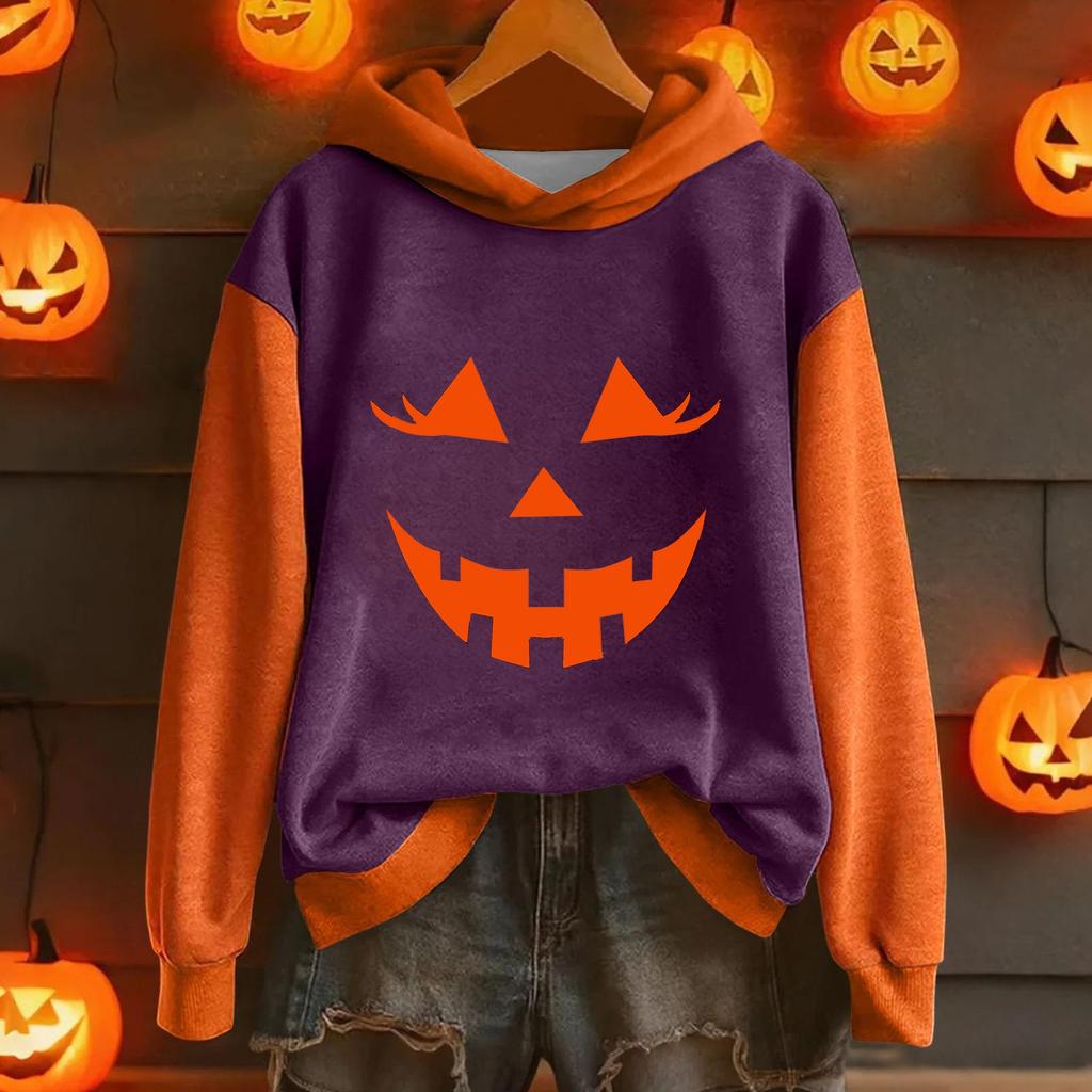 Ladies' Casual And Fashionable Halloween Printed Long Sleeved Hooded Warm Shirt Loose And Comfortable Hoodie
