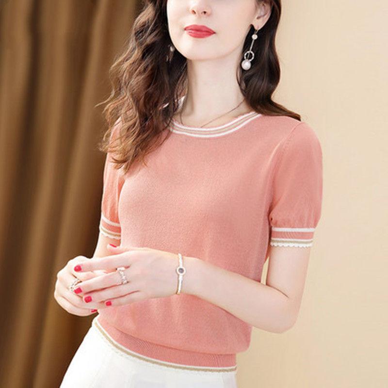 Summer Women's Ice Silk T-shirt Short Sleeve Loose and Versatile Round Neck Knitted Shirt Thin Top
