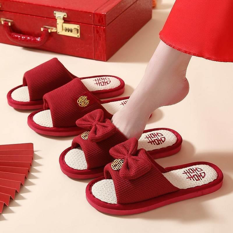 Wedding Celebration Linen Couple Red Slippers Happy Bride Groom Casual Home Slippers
