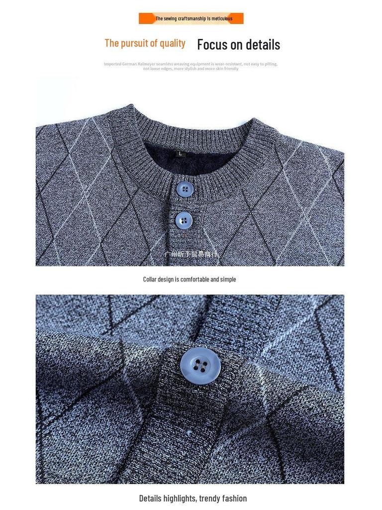Men's Plus Velvet Knit Cardigan: Warm, Thick Sweater for Middle-aged and Elderly, Perfect for Autumn and Winter
