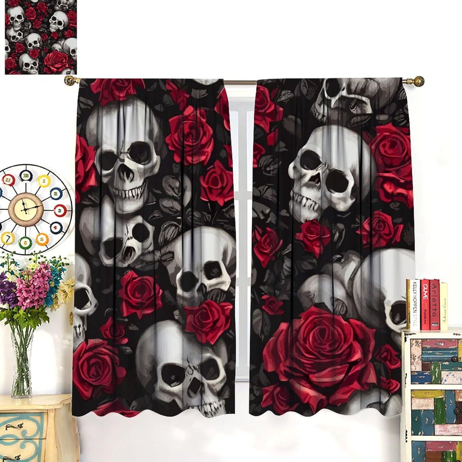 Tonnika Chen Vintage Skull Curtains Rose Flowers Wildflowers Halloween Theme Scary Curtain Bedroom Living Room Home With Rod Pocket Polyester Ideal For Sitting