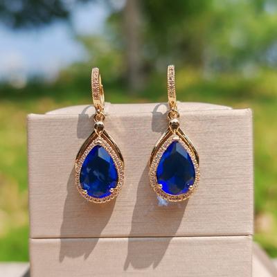 1 Pair Luxurious Blue Drop Shape Dangle Earrings for Women Cubic Zirconia Jewelry Christmas Party Accessories