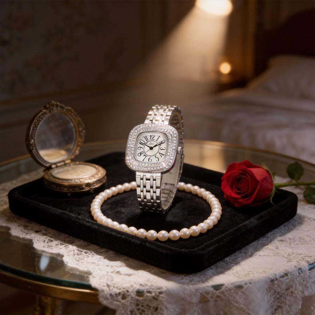 Modern Ladies Jewelry Watch With Alloy Band And Crystal Embellishments For Formal Wear