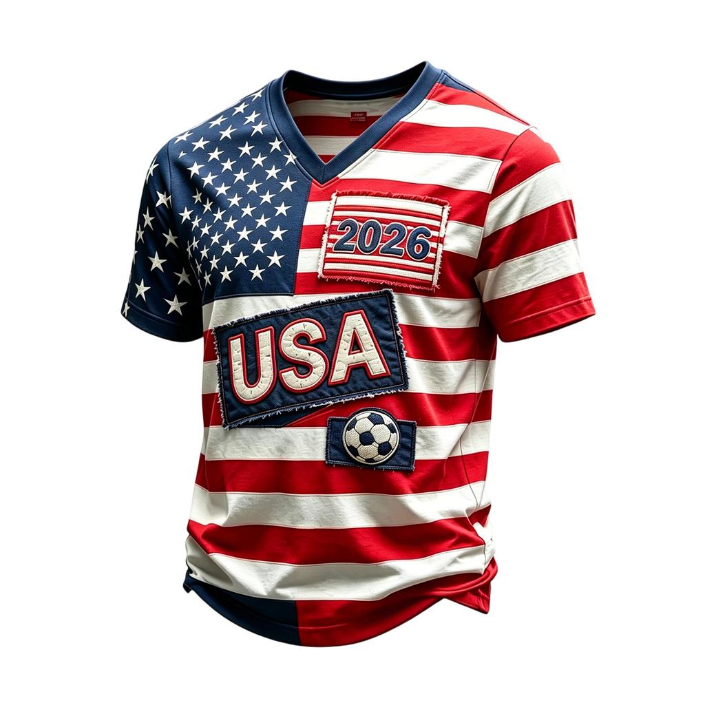 Men's Casual V Neck Short Sleeve Shirt Lightweight Breathable Fabric Printed Design USA Flag Themed Patchwork Summer Top