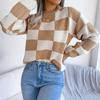 Women's Casual Fashion Contrast Plaid Long Sleeve Pullover Knitted Sweater