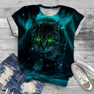 Sommer Rundhals 3D Katze mit großen Augen Druck Top Modische Lässige Kurzarm Damen T-Shirts
