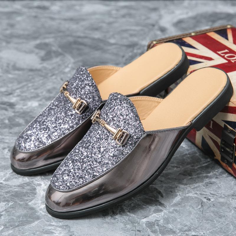 

Half slippers men s summer bag head without heel lazy pointed head leather shoes men s outer wear embroidered half tray shoes Douyin distribution 47