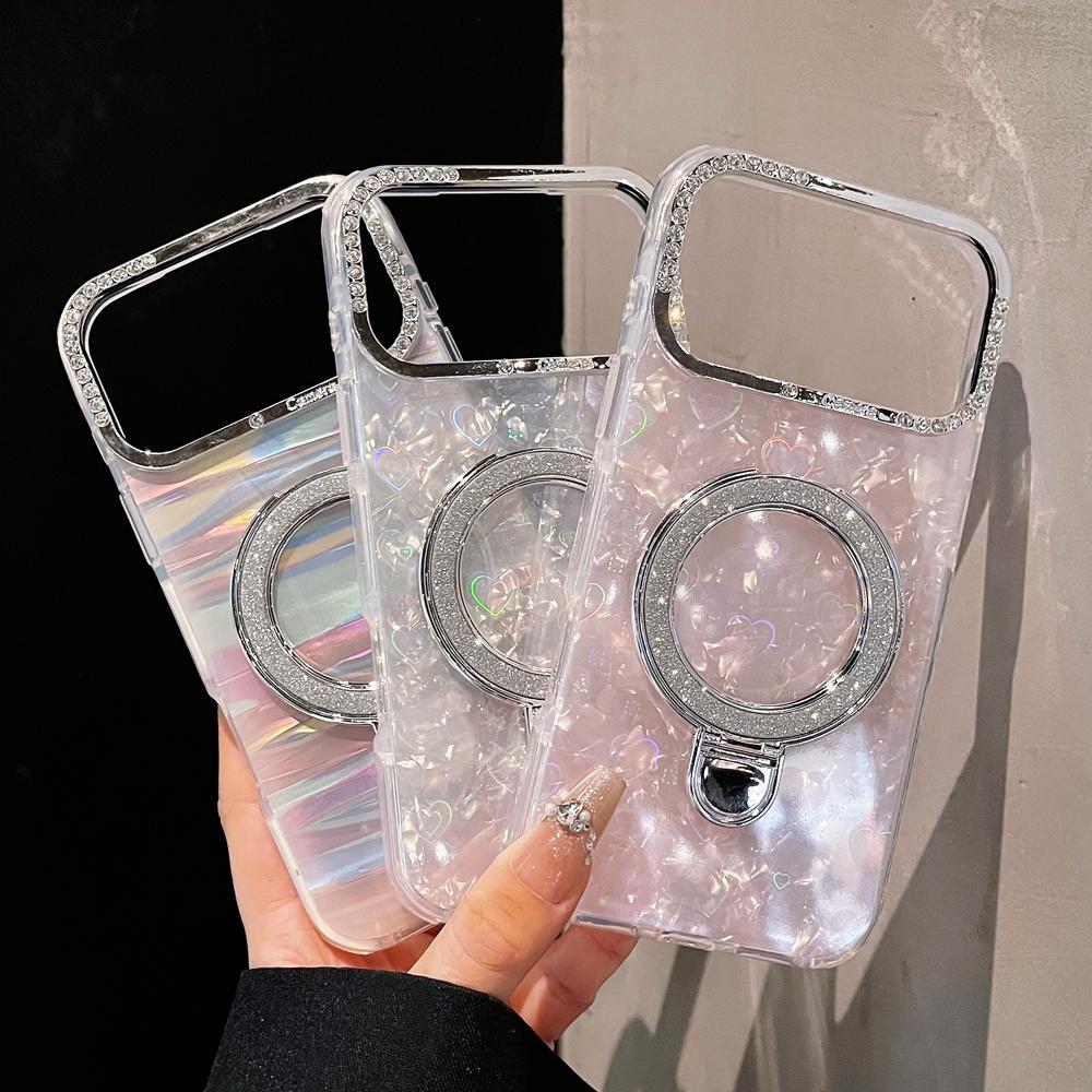 KEYSION Magnetische Muscheltextur Juwelenbesetzte Handyhülle für iPhone 14 15 17 Pro Max Air 16Plus Stoßfestes Panzer-Ringständer-Backcover
