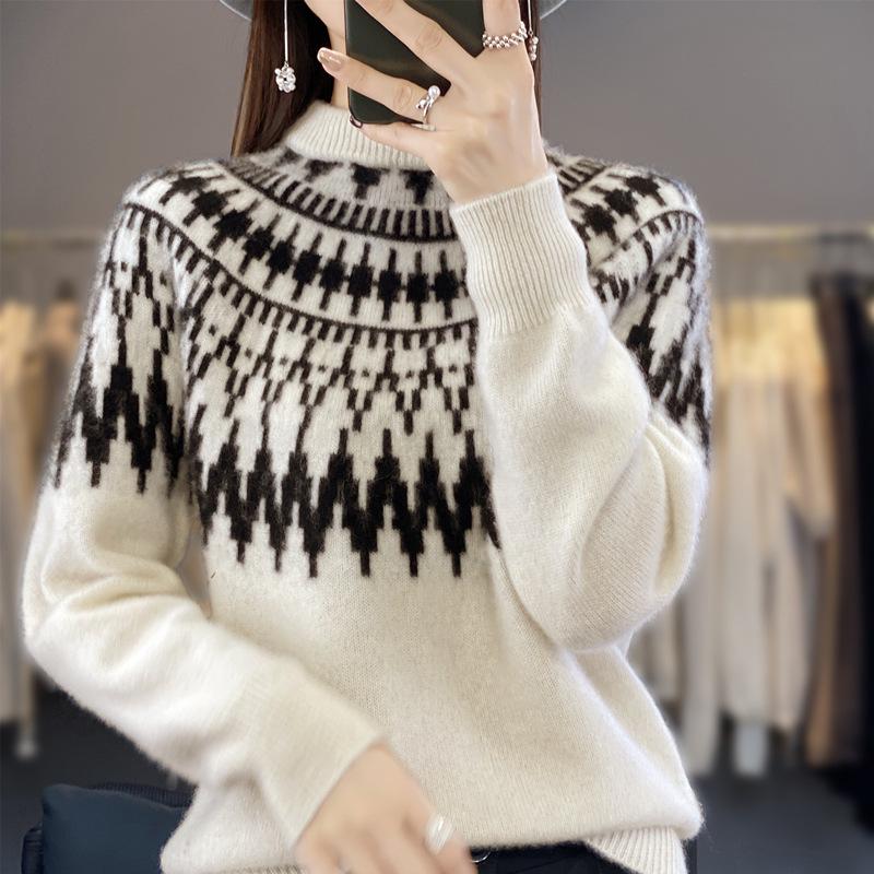 Women's Retro Jacquard Wool Sweater - Thick Loose Fit with Half-High Collar & Long Sleeves for Fall/Winter