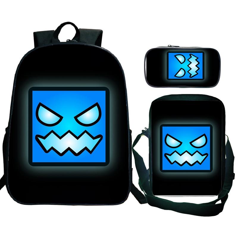 Angry Geometry Dash Backpack 3pcs School Bag Waterproof Student Girls Boys Children Mochila with Pen Bag