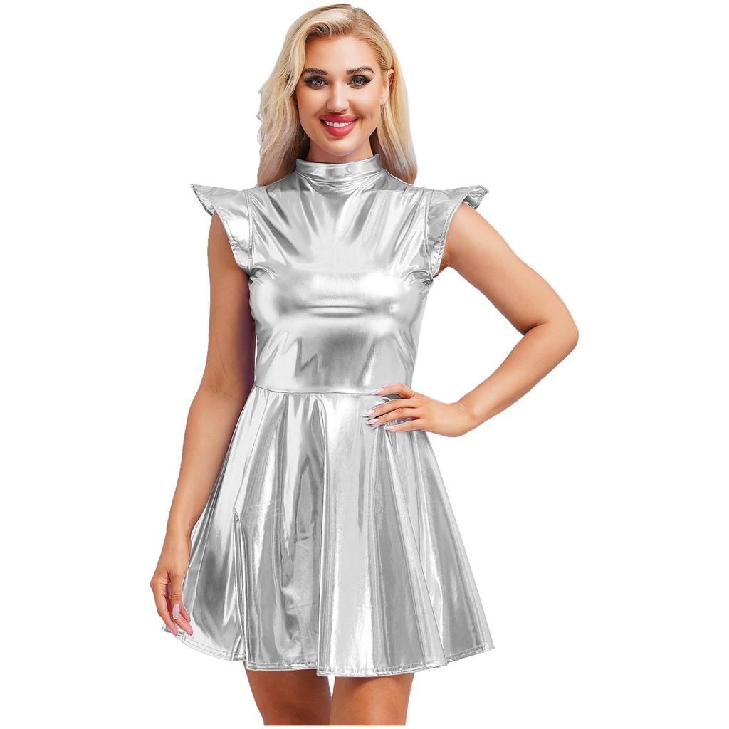 Vestito Metallico Lucido da Donna Collo Alto Manica a Cappuccio Vita Alta Design a Linea A Festa di Halloween Moda Club Vestito