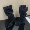Fashion Liyke New Style Stitching Pleated Denim Pants Knee High Boots Women Button Pocket Decor Patchwork Autumn Winter Slim Heels Shoes