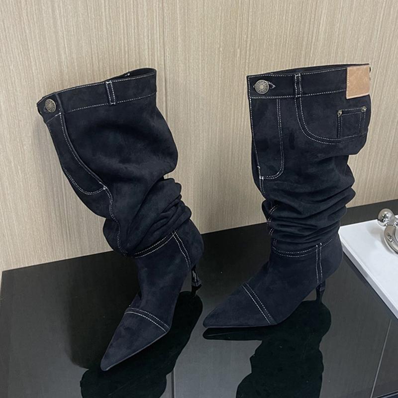 Fashion Liyke New Style Stitching Pleated Denim Pants Knee High Boots Women Button Pocket Decor Patchwork Autumn Winter Slim Heels Shoes