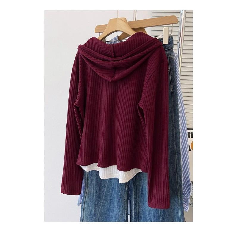 Autumn New Loose-fitting Fake Two-piece Spliced Long-sleeved Hooded T-shirt That Covers the Flesh Looks Slimming