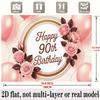 90th Birthday Banner, Pink Roses Golden Frame Backdrop Wall Decor for Party