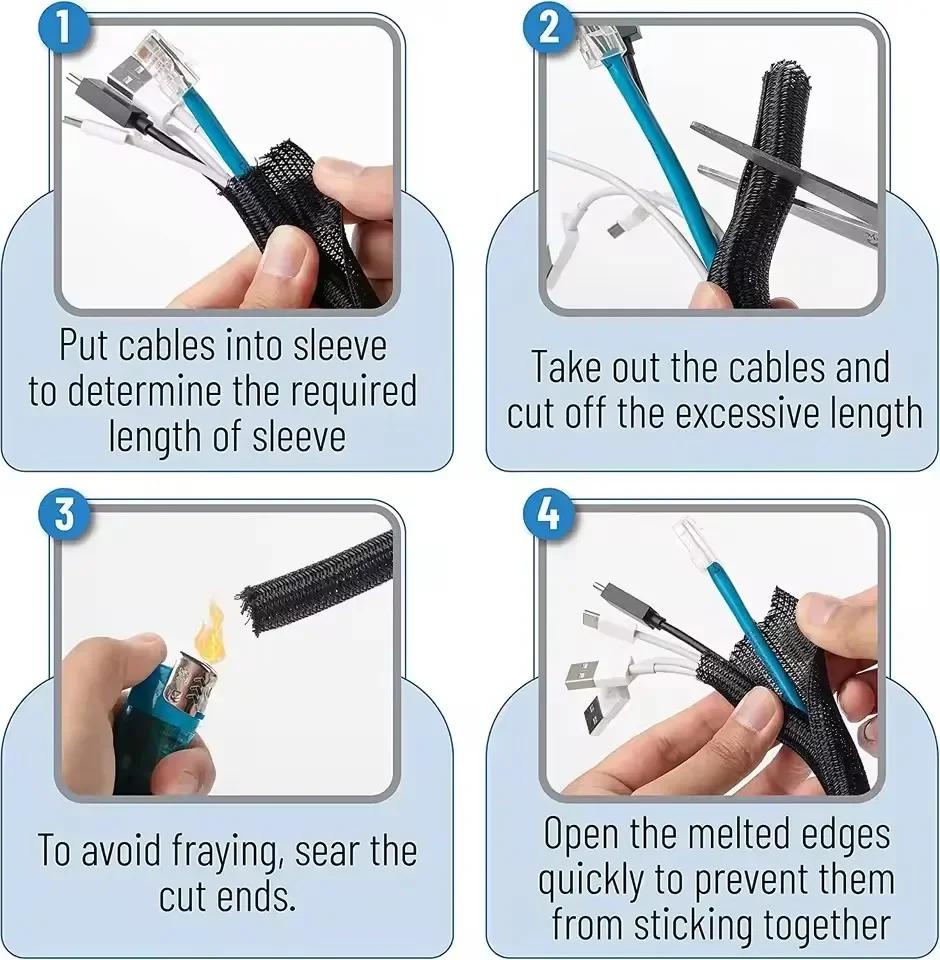Self Closing PET Braided Cable Sleeve Expandable Auto Line Management Overlaps Flexible Loom Split Pipe Tube Wire Wrap Protect