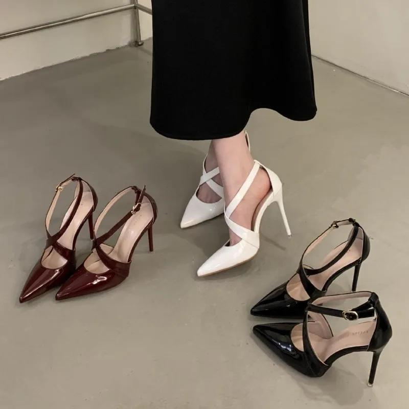 Fashion Patent Leather Pointed Toe Shoes Women Pumps Sexy Buckle Strap 11cm High Heels Elegant Spring Office Footwear Tacones