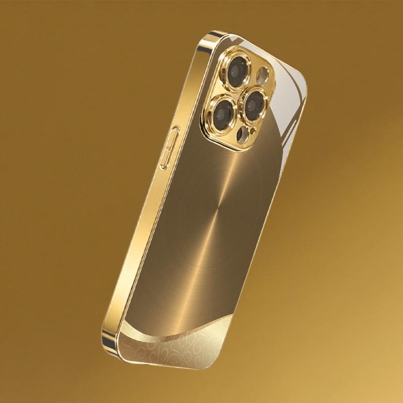 

Golden metal brushed pattern straightedge trendy electroplated gold glass case For iphone 17 16 15 14 13 12 11 Pro Promax Plus For iPhone 14
