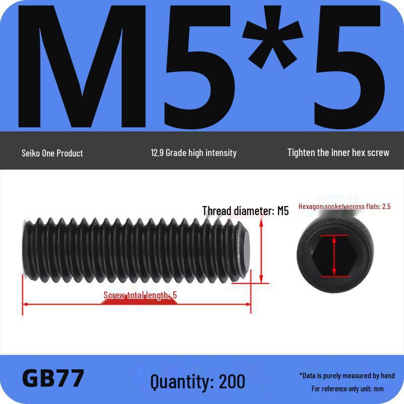 Class 12.9 Inner Hex Flat Head Headless Grub Screw M3-M12