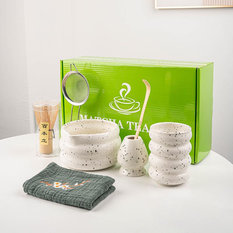 7 Pcs Matcha Set Matcha Kit Matte Trendy Speckled Ceramic Matcha Bowl Bamboo Whisk Scoop Stand Complete Ceremony Gift Box