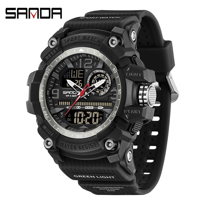 SANDA Youth Waterproof Sports Watch - Cool Trendy Multi-functional Dual Display in Black Technology Design