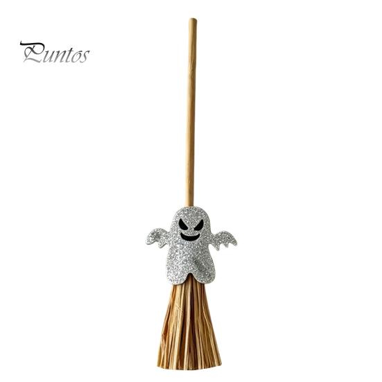 Decorative Straw Broom Props Halloween Mini Broomstick Ornament, Witch Pumpkin Bat Ghost Decor with Natural Grass Double-layer Glitter Felt