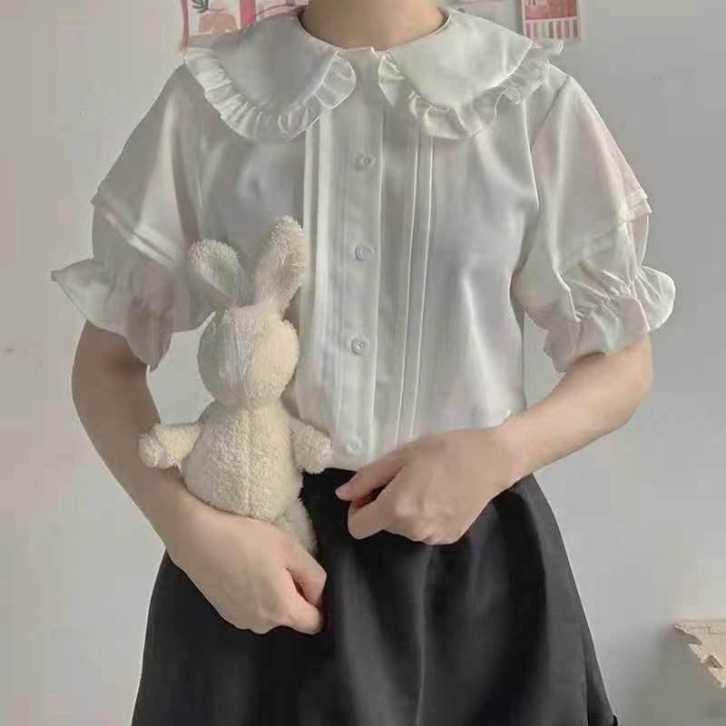 Japonské sladké halenky ve stylu Lolita Ženy Kawaii Peter Pan Límec JK Košile Dívčí Roztomilé volánky Krátký nabíraný rukáv Bílý Top
