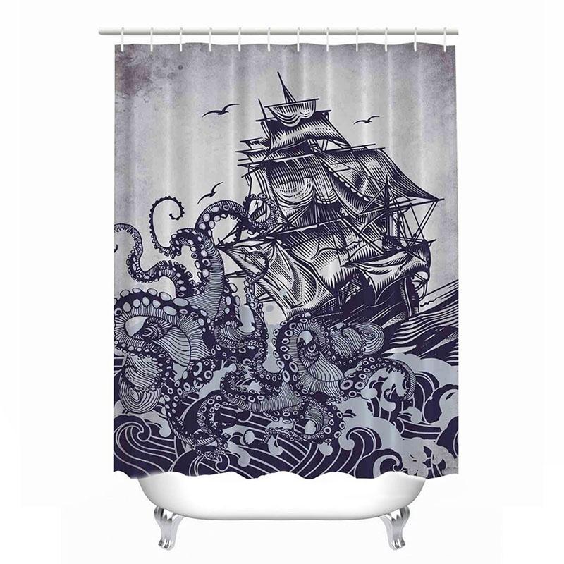 Nový 1ks sprchový závěs Octopus Kraken Attack Galleon Carrack Sailing Ship Retro Design