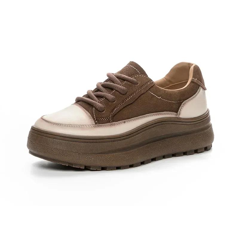 

High quality Fashion Mixed Colors Cow Leather Casual Sneakers Women Thick Bottom Shoes Retro style Lace-Up Comfort Single Shoes 40