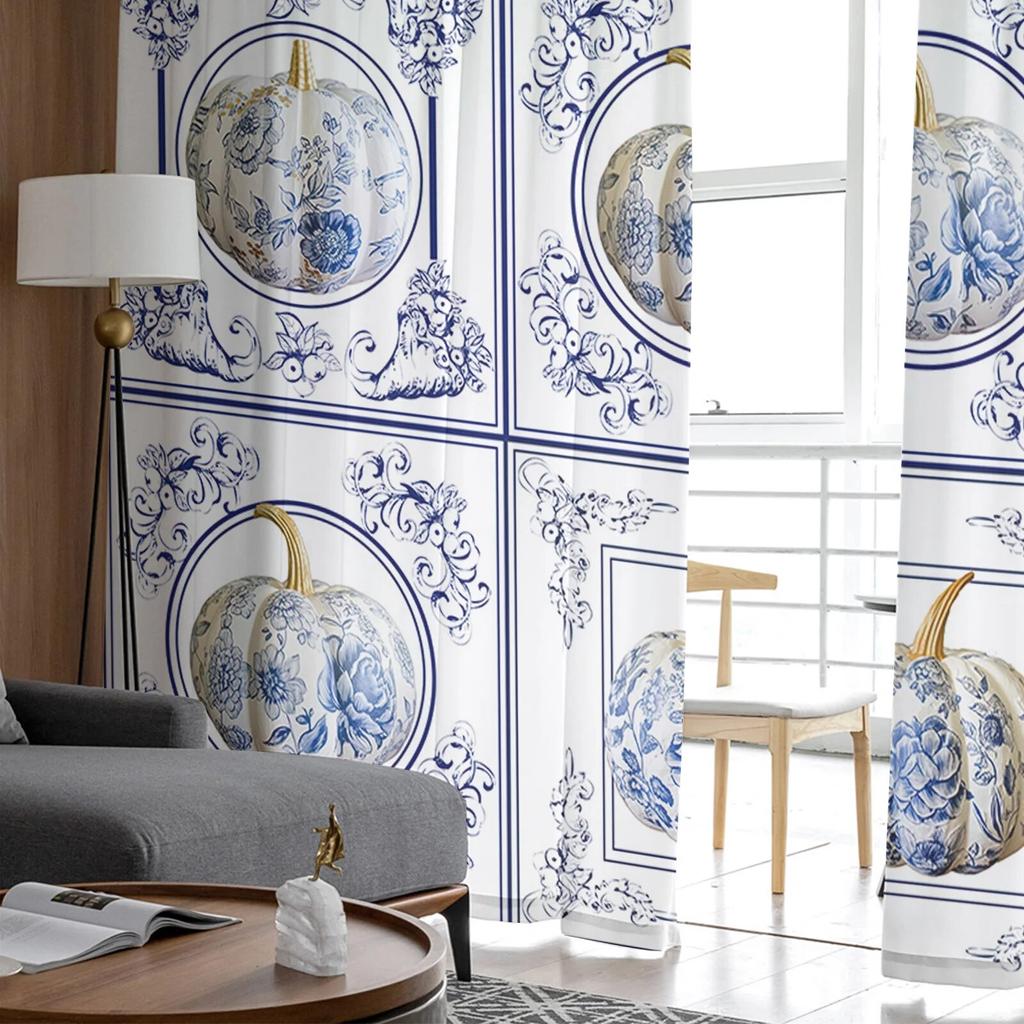 Thanksgiving Autumn Oil Painted Pumpkin Bedroom Transparent Sheer Curtains Holiday Decoration Window Voile Tulle Curtain