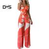 2 Pcs/Set Women Vacation Outfit V Neck Backless Sleeveless Camisole High Waist Wide Leg Printed Pants Set Beach Crop Top Trousers Set Resort Wear