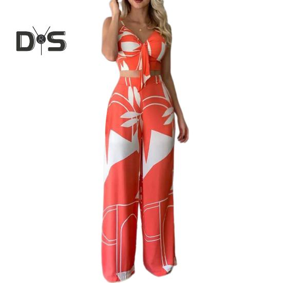 2 Pcs/Set Women Vacation Outfit V Neck Backless Sleeveless Camisole High Waist Wide Leg Printed Pants Set Beach Crop Top Trousers Set Resort Wear