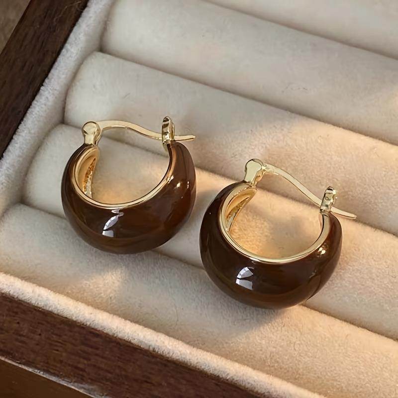 6pcs Tiger Eye Stone Earrings Set. Maillard Tone Geometric Hoops, Vintage Style for Daily and Party Wear.