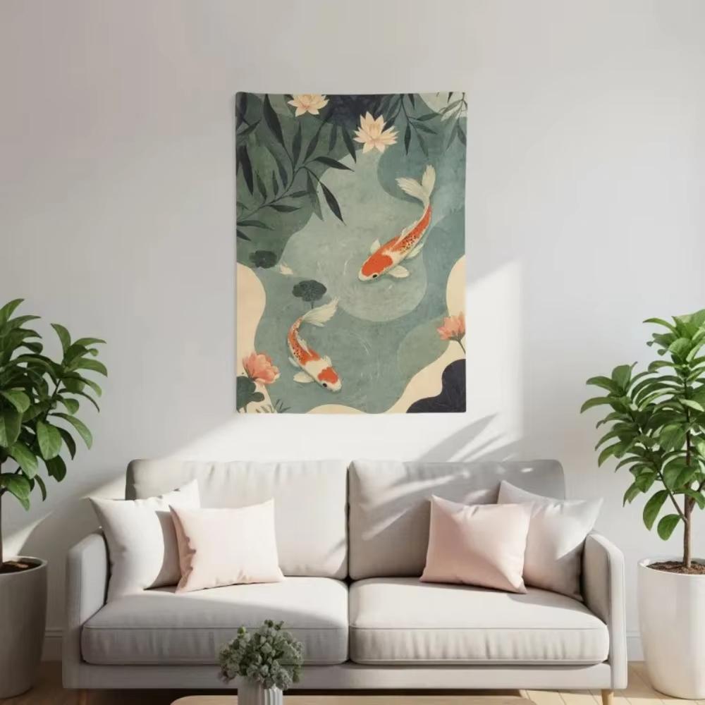 Zen Inspired Koi Fish Lotus Tapestry, Japanese Serene Wall Art For Bedroom Living Room Home Decor Accessories