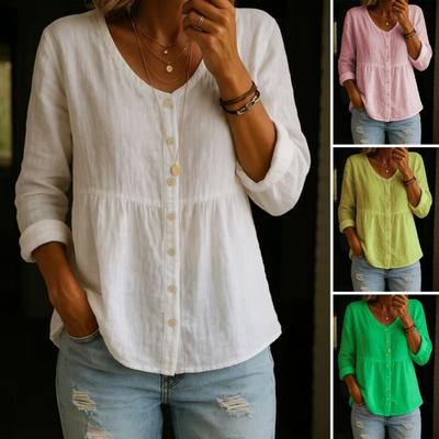 Camisa para Mujer Cuello en V Manga Larga Botones Tapeta Camisa Tops Silueta Línea A Dobladillo Corto Delantero Largo Trasero Camisa Casual