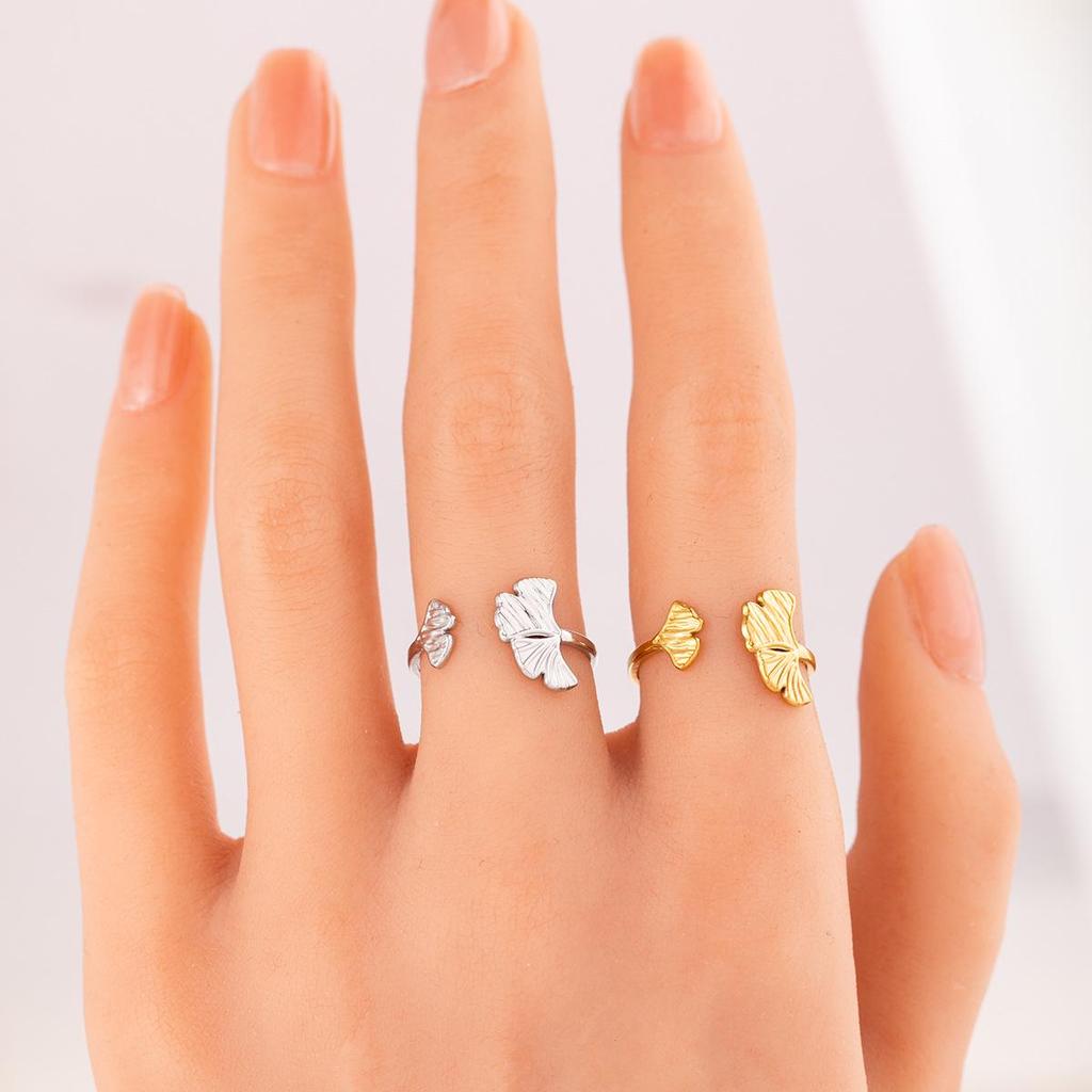 18k Gold-Plated Ginkgo Leaf Stainless Steel Open Ring