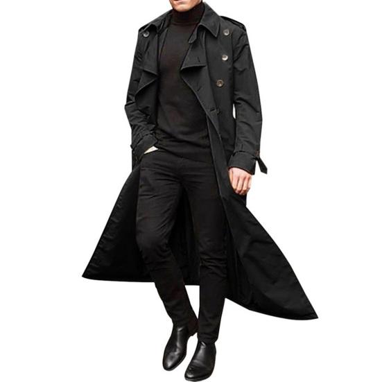 Autumn Winter Long Trench Coat Double-breasted Solid Color Slim Windproof Windbreaker Streetwear