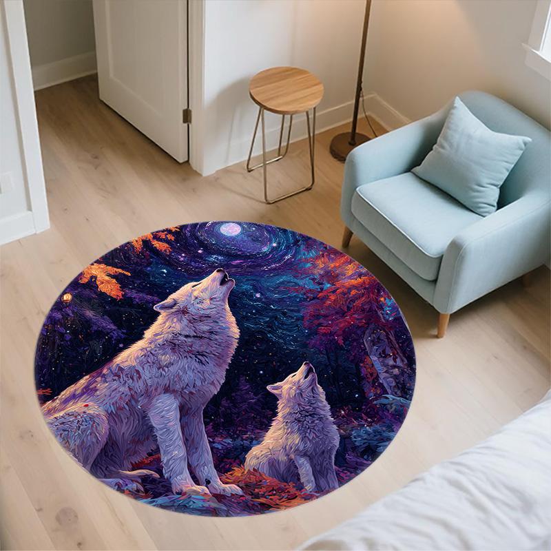 Two White Wolves,Round Area Rug,Carpet Rug for Living Room Bedroom Sofa Playroom Decor,Non-slip Floor Mat