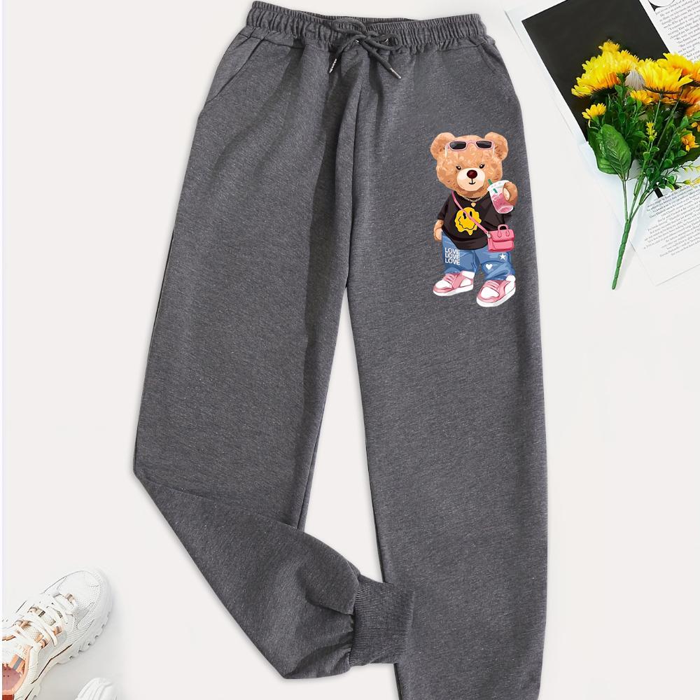 Carton Pattern Bear Printing Casual Basic Women Britches, Loose Fashion Trousers With Drawstring Pockets Sweatpants Female New