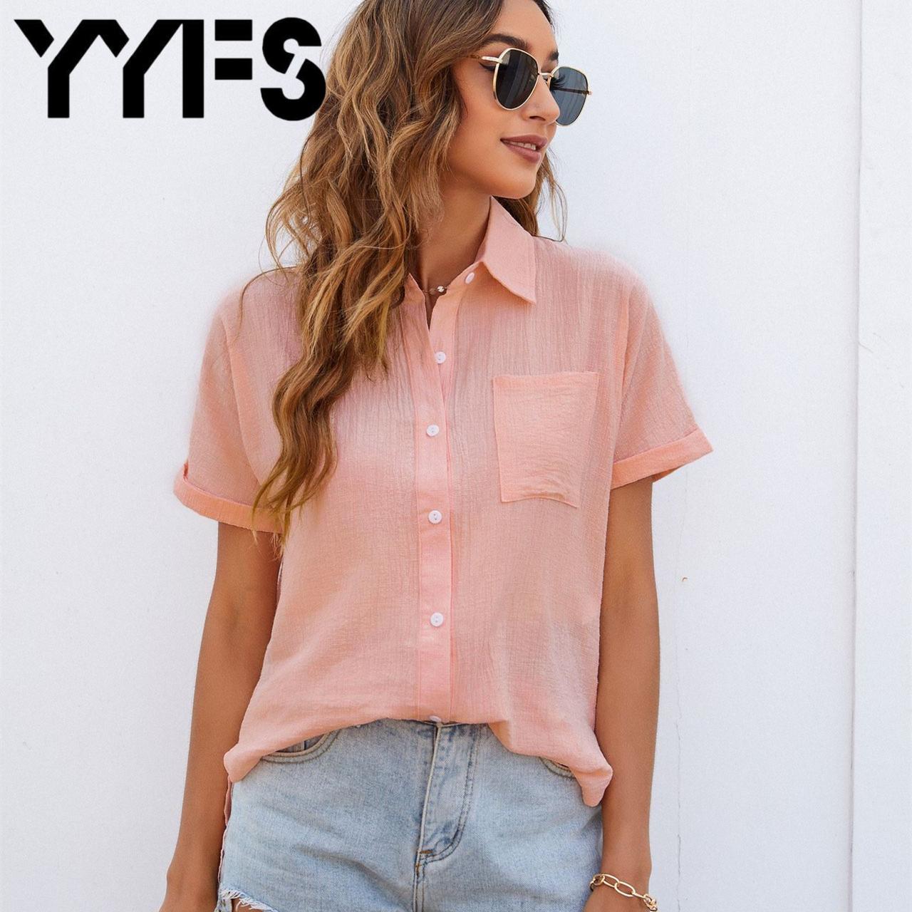 

Женская летняя новая свободная хлопково-льняная рубашка на пуговицах с короткими рукавами 2022 года