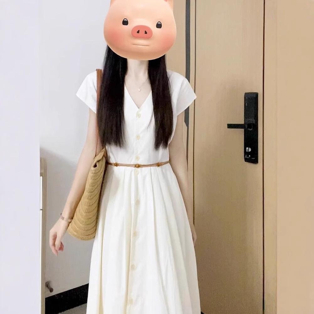 2025 Francouzské bílé letní šaty s výstřihem do V k moři pro drobné postavy - Dlouhý design se stahováním v pase