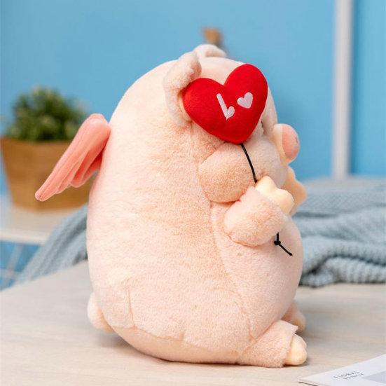 Angel Pig Plush Toy Super Soft Stuffed Animal Doll Pillow Lovely Pink Piggy with Wings Hold Heart Balloon Companion Soothing
