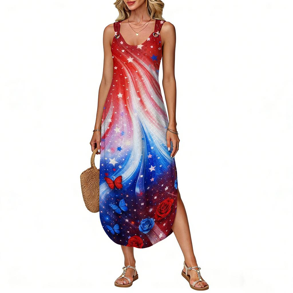 Women's Summer Long Dress Sleeveless Side Slit Long Independence Day Print Vacator Dress