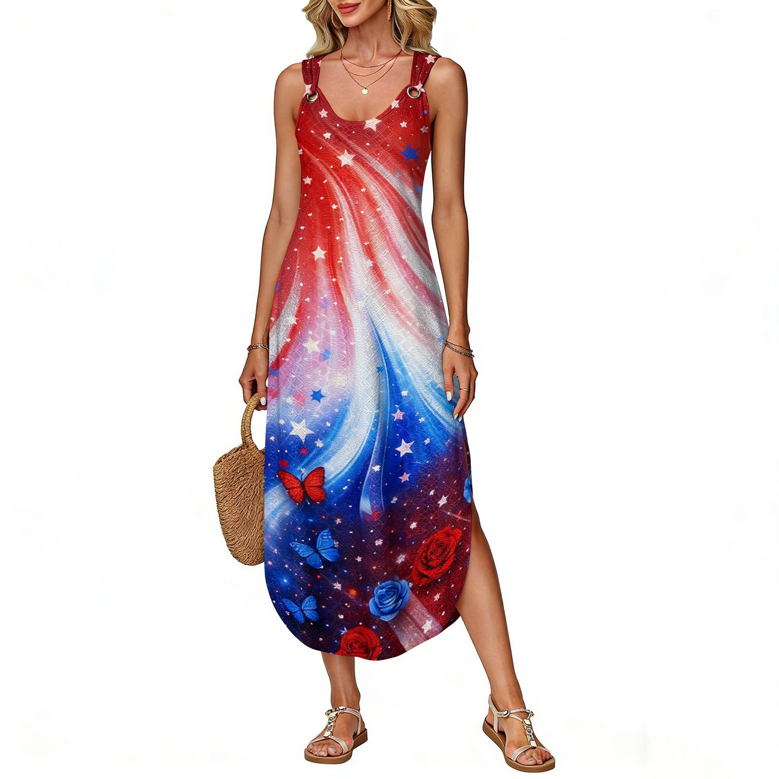 

Women s Summer Long Dress Sleeveless Side Slit Long Independence Day Print Vacator Dress XL кавун червоний колір