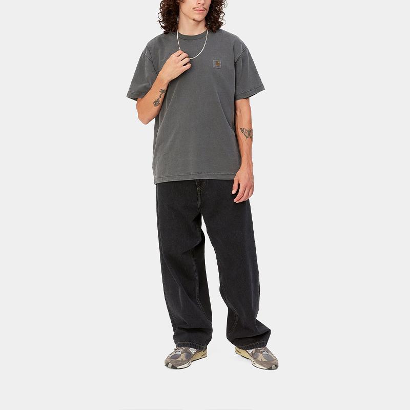 Carhartt WIP Garment-Dyed Loose Fit Square Label Crew Neck T-Shirt Unisex Tops Charcoal-Gray I029949-98-GD