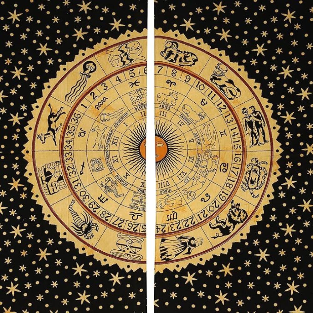 BLESS INTERNATIONAL Beautiful Indian Bohemian Psychedelic Hippie Tie Dye Window Curtain Panels for Bedroom, Living, Balcony (Golden Horoscope)